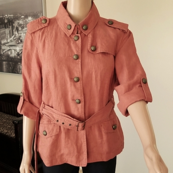 Vintage 100% Linen Top Military Combat by Live A Little / Sz M / Burnt orange - Picture 3 of 17